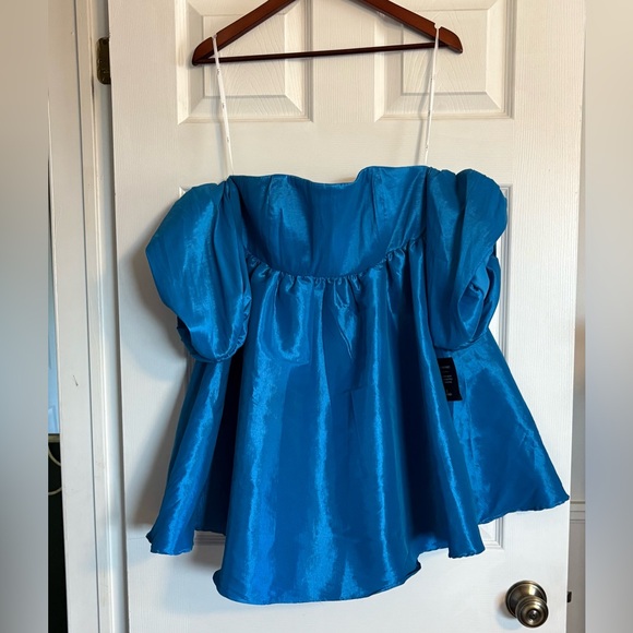Lulus Sweet Vision Blue Taffeta Off The Shoulder Babydoll Mini Dress Size Medium - Picture 5 of 14